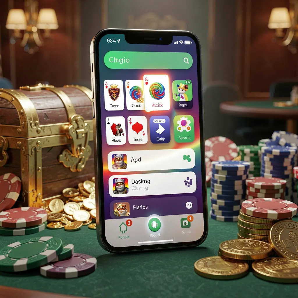 TOPOO3 Casino APK download scene featuring a glowing smartphone displaying an Android-style mobile app layout, with a treasure chest, chips, and coins nearby in a luxury 3D render