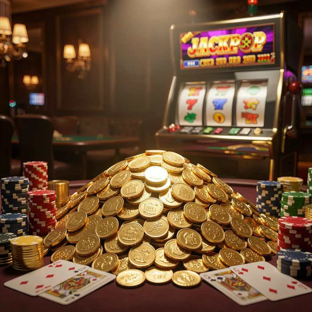 TOPOO3 jackpot bonus scene featuring a huge pile of golden coins, a slot machine in the background, poker chips, and playing cards under cinematic luxury lighting