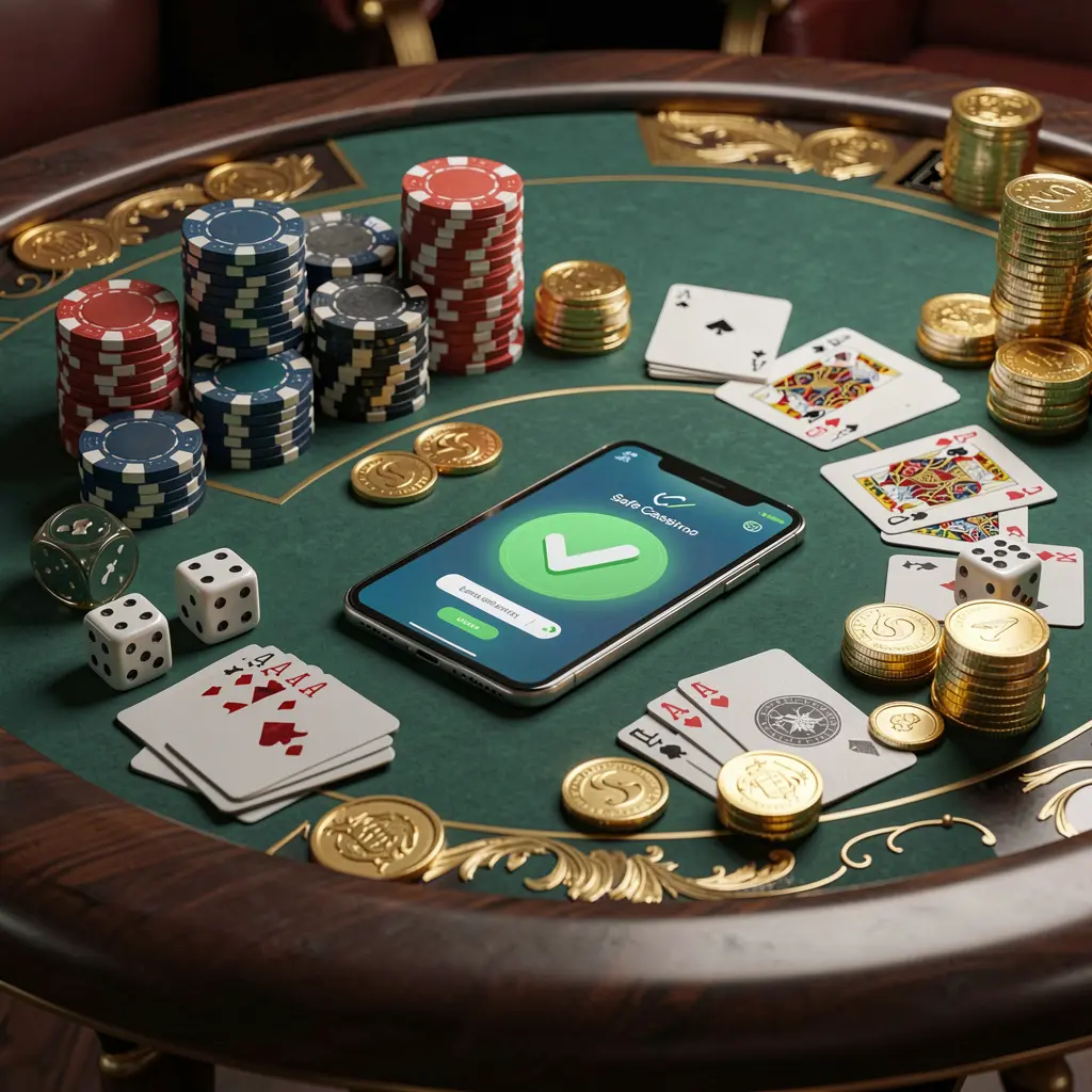 TOPOO3 safe casino login concept showing a smartphone with a verification checkmark icon surrounded by chips, cards, dice, and golden coins on an elegant luxury casino table in a 3D realistic render