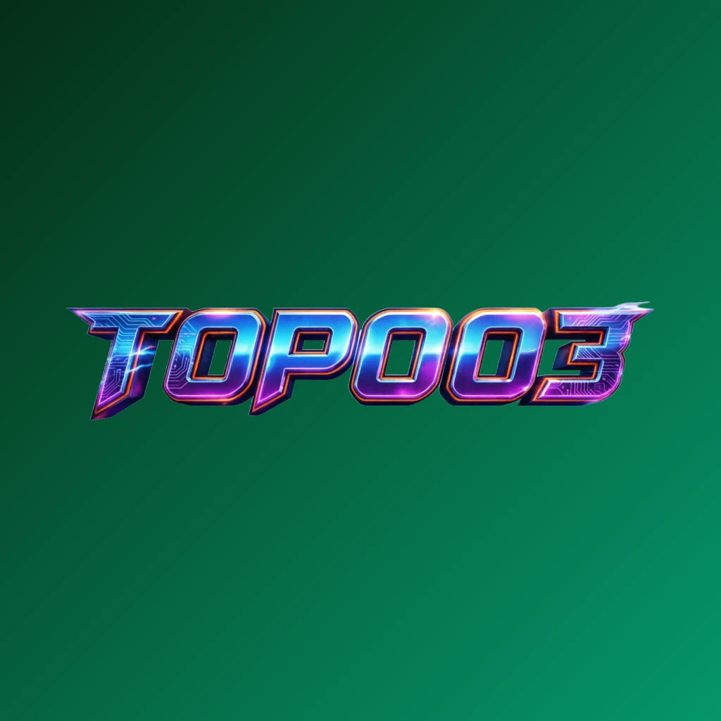 TOPOO3 bold gaming logo with strong 3D lettering in energetic colors, modern esports-inspired horizontal rectangular wordmark on transparent background