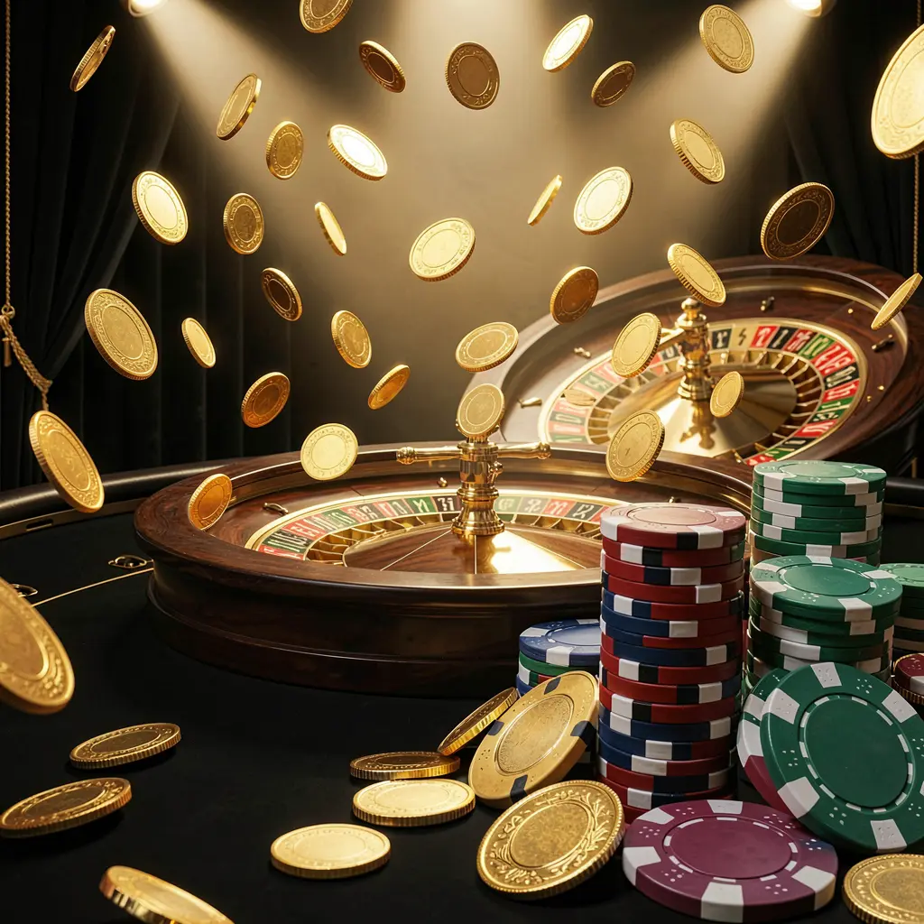 TOPOO3 online casino main page background featuring dramatic casino lights, golden coins flying, stacked poker chips in the foreground, and a roulette wheel behind in a luxury black and gold atmosphere